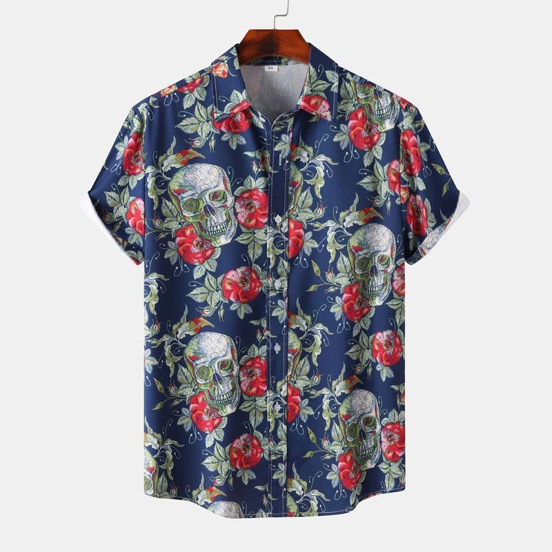Rose Skull Print Button Up Shirt