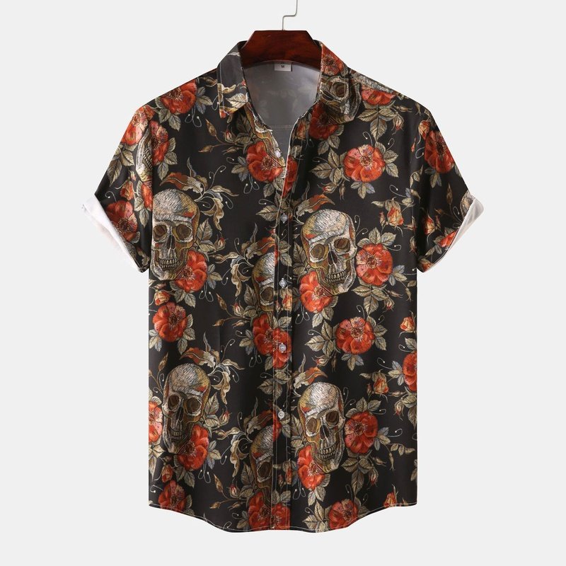 Rose Skull Print Button Up Shirt