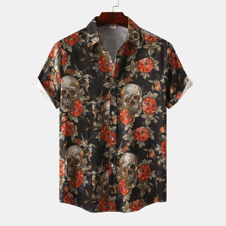 Rose Skull Print Button Up Shirt