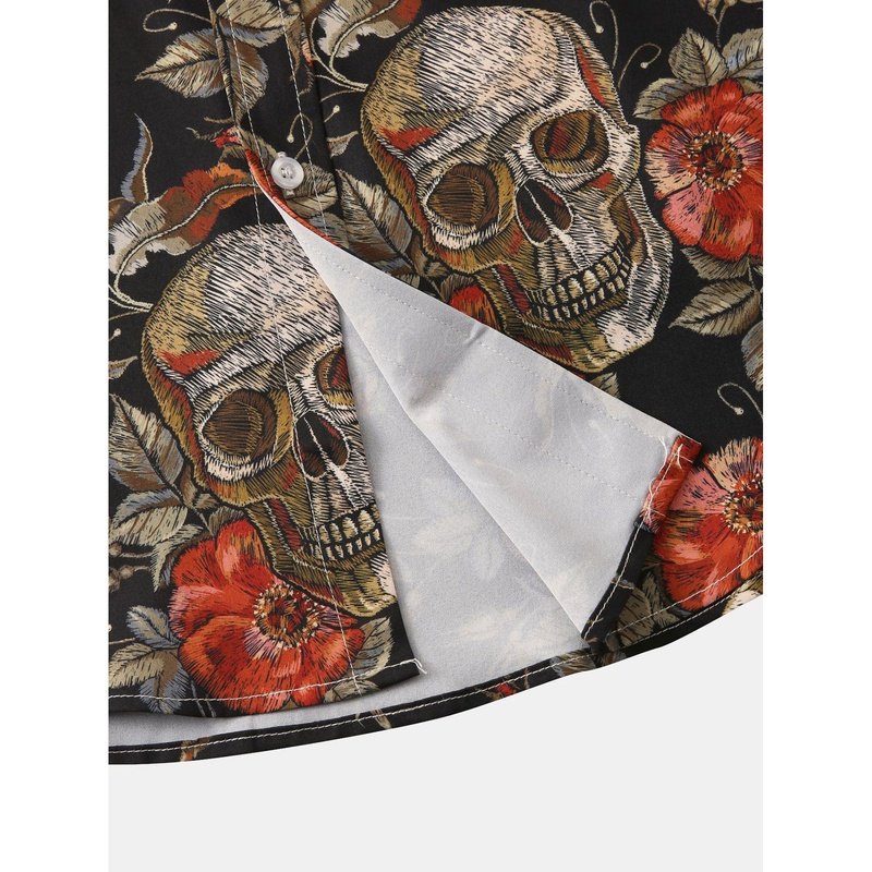 Rose Skull Print Button Up Shirt
