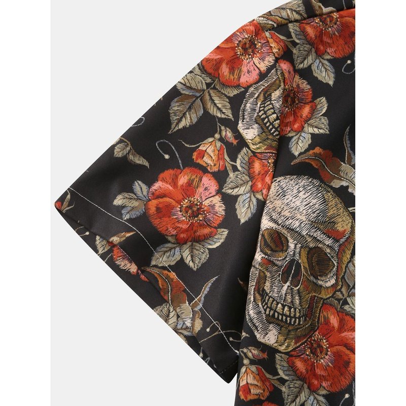 Rose Skull Print Button Up Shirt
